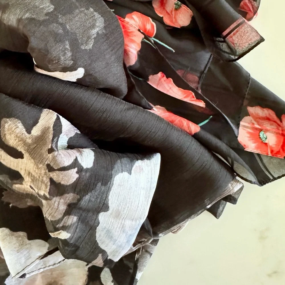Vintage BUNDLE (2) Floating Floral Poppies & Roses Printed Scarf Wraps,